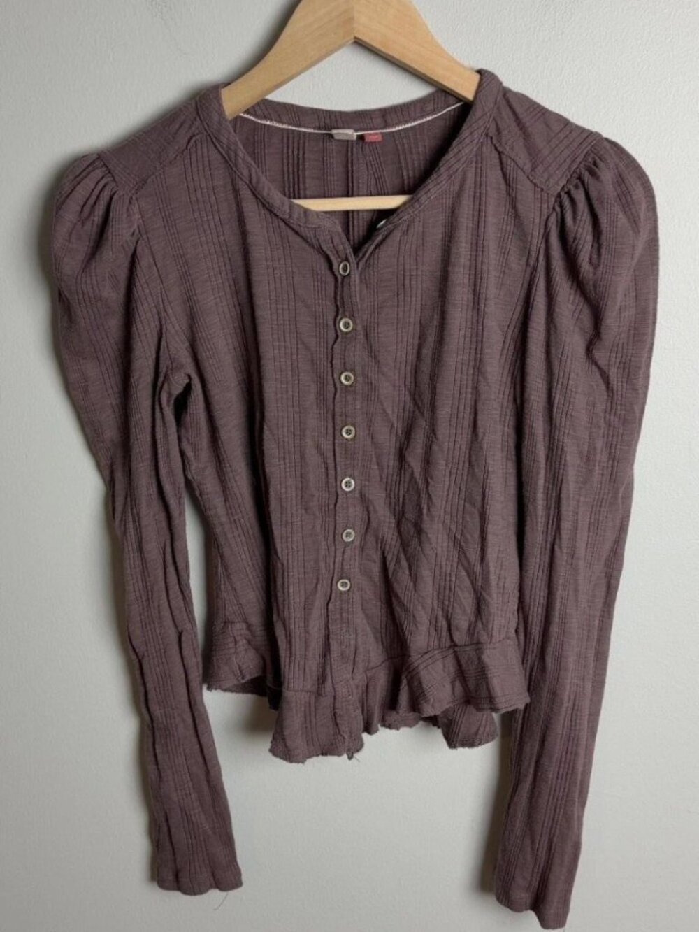 Pilcro Anthropologie Mauve Ribbed Button Front Puff Sleeve Top Size XS Women’s